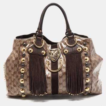 Pre Owned Gucci Beige GG Crystal Canvas Large Babouska Heart Tote