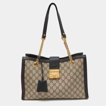Pre Owned Gucci Beige/Black GG Supreme Canvas and Leather Medium Padlock Tote
