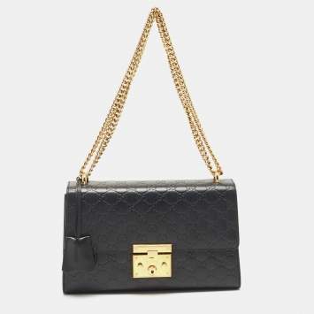 Pre Owned Gucci Black Guccissima Leather Medium Padlock Shoulder Bag