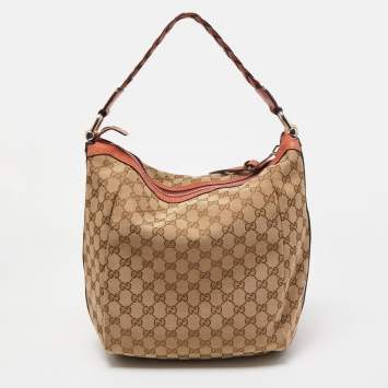 Pre Owned Gucci Crimson Red/Beige GG Canvas and Leather Bamboo Bar Hobo