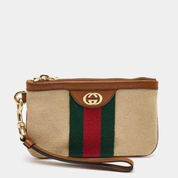 Pre Owned Gucci Brown/Beige GG Web Wristlet Pouch 
