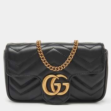 Pre Owned Gucci Black Matelassé Leather Super Mini GG Marmont Shoulder Bag