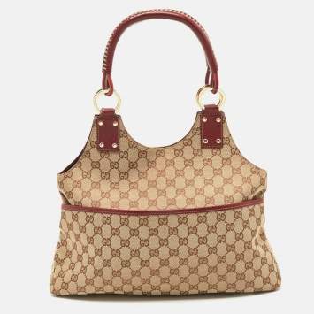 Pre Owned Gucci Beige/Red GG Canvas and Leather Whipstich Handle Tote