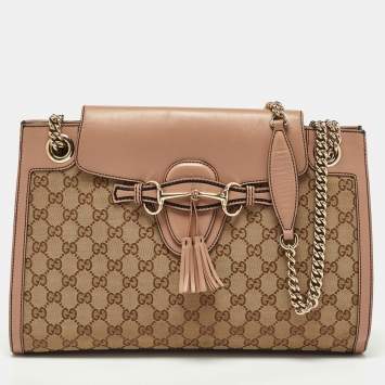 Pre Owned Gucci Beige/Pink GG Canvas and Leather Large Emily Chain Shoulder Bag