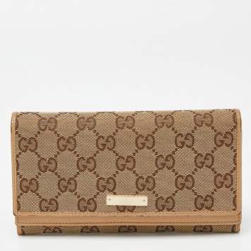 Pre Owned Gucci Beige GG Canvas and Leather Flap Continental Wallet