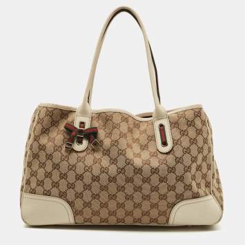 Pre Owned Gucci White/Beige GG Canvas and Leather Princy Tote 