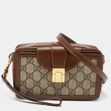 Pre Owned Gucci Beige/Brown GG Supreme Canvas and Leather Clasp Crossbody Bag