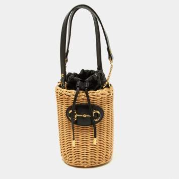 Pre Owned Gucci Beige/Black Wicker and Leather Horsebit 1955 Bucket Bag 