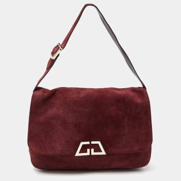 Pre Owned Gucci Burgundy Suede Double G Logo Flap Shoulder Bag