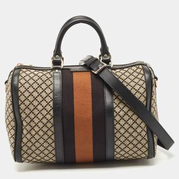 مملوكة مسبقًا Gucci Black/Beige Diamante Canvas Medium Vintage Web Boston Bag