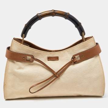 Pre Owned Gucci Cream/Brown Canvas and Leather Bamboo Top Handle Bag