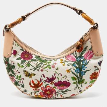 Pre Owned Gucci Multicolor Botanical Floral Canvas and Leather Bamboo Ring Hobo