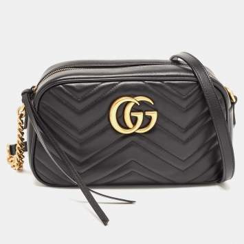 Pre Owned Gucci Black Matelassé Leather Small GG Marmont Camera Bag