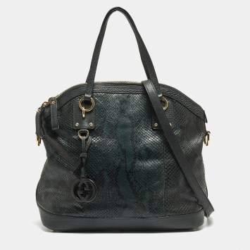 Pre Owned Gucci Green/Black Python Leather Convertible GG Charm Dome Satchel