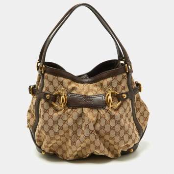 Pre Owned Gucci Beige/Brown GG Canvas and Leather Horsebit Jockey Hobo