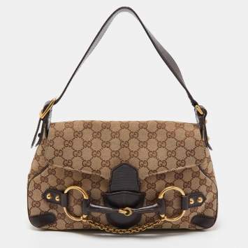 Pre Owned Gucci Beige/Ebony GG Canvas and Leather Horsebit Chain Shoulder Bag
