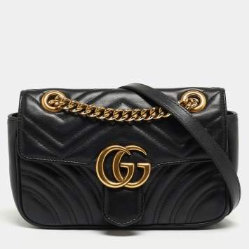 Pre Owned Gucci Black Matelasse Leather Mini GG Marmont Crossbody Bag