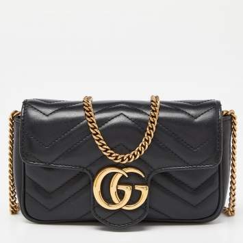 Pre Owned Gucci Black Matelassé Leather Super Mini GG Marmont Shoulder Bag