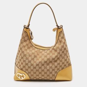 Pre Owned Gucci Beige/Gold GG Canvas and Leather Medium Lovely Hobo