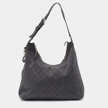 Pre Owned Gucci Black GG Denim and Leather Interlocking G Charm Hobo