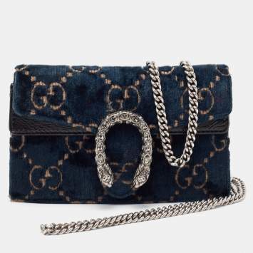 Pre Owned Gucci Black/Dark Green GG Velvet and Patent Leather Super Mini Dionysus Shoulder Bag