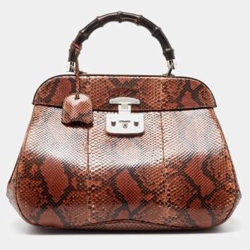 Pre Owned Gucci Brown Python Leather Lady Lock Bamboo Large Top Handle Bag