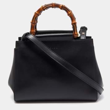 Pre Owned Gucci Black Leather Bamboo Nymphaea Medium Shoulder Bag