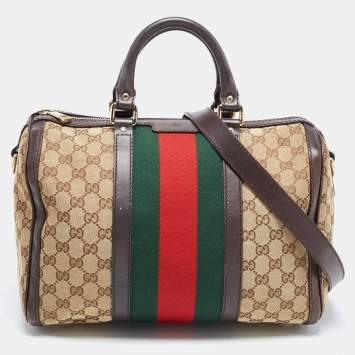 Pre Owned Gucci Brown/Beige GG Canvas Medium Vintage Web Boston Bag