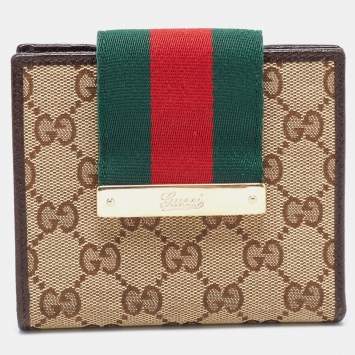 Pre Owned Gucci Beige/Brown GG Canvas and Leather Web French Wallet