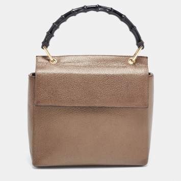 Pre Owned Gucci Bronze Leather Bamboo Flap Top Handle Bag