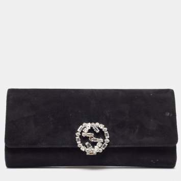 مملوكة مسبقًا Gucci Black Suede GG Crystal Broadway Clutch