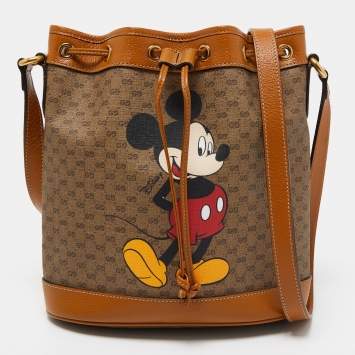 Pre Owned Gucci x Disney Beige/Brown Micro GG Canvas and Leather Small Mickey Mouse Print Bucket Bag 