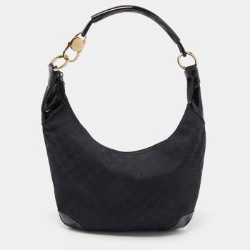 Pre Owned Gucci Black GG Canvas and Patent Leather Hobo