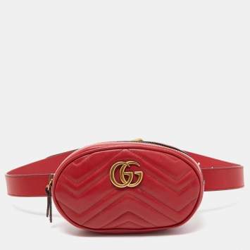Pre Owned Gucci Red Matelassé Leather GG Marmont Belt Bag