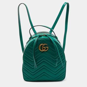 Pre Owned Gucci Green Matelassé Leather GG Marmont Backpack