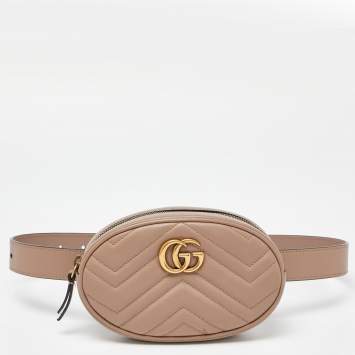 Pre Owned Gucci Beige Matelassé Leather Mini GG Marmont Belt Bag