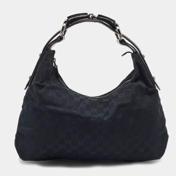 Pre Owned Gucci Black GG Canvas and Leather Medium Horsebit Hobo