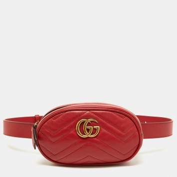 Pre Owned Gucci Red Matelassé Leather GG Marmont Belt Bag
