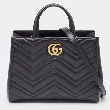 Pre Owned Gucci Black Matelassé Leather Small GG Marmont Tote