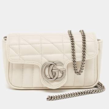 Pre Owned Gucci Off White Matelasse Leather Super Mini GG Marmont Shoulder Bag