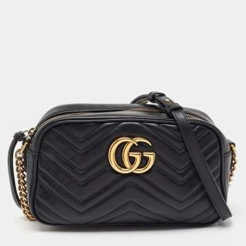 Pre Owned Gucci Black Matelasse Leather Small GG Marmont Shoulder Bag