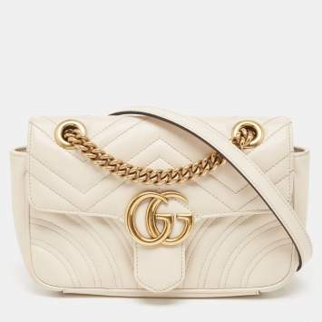 Pre Owned Gucci Off White Matelassé Leather Mini GG Marmont Shoulder Bag