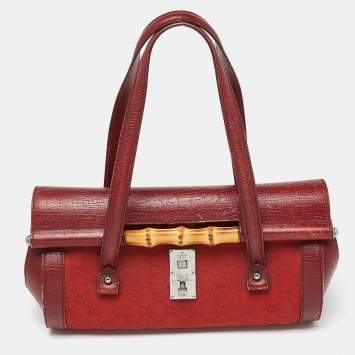 Pre Owned Gucci Red GG Canvas and Leather Bamboo Bullet Bag