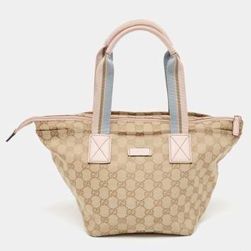 Pre Owned Gucci Pink/Beige GG Canvas and Leather Sherry Line Tote
