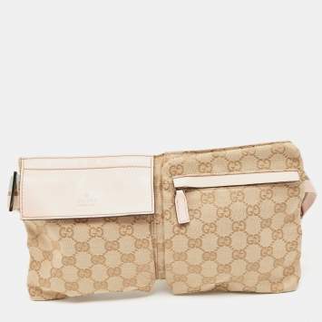 Pre Owned Gucci Pink/Beige GG Canvas and Leather Double Pocket Belt Bag