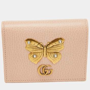 Pre Owned Gucci Pink Leather GG Marmont Butterfly Bifold Wallet