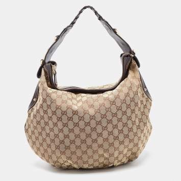 Pre Owned Gucci Beige/Brown GG Canvas and Leather Medium Pelham Hobo 