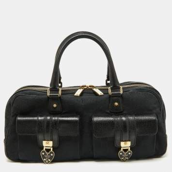 Pre Owned Gucci Black GG Canvas and Leather Heart Lock Satchel