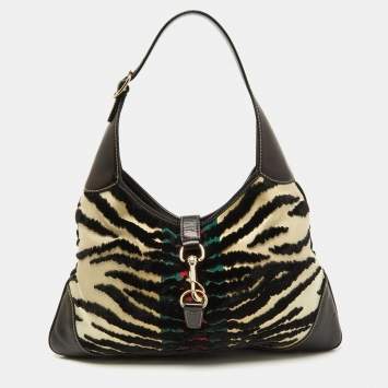 Pre Owned Gucci Tricolor Zebra Web Canvas, Leather and Velvet Jackie O Bouvier Hobo