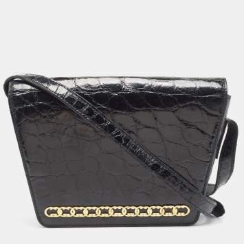 Pre Owned Gucci Black Crocodile Leather Interlocking GG Flap Crossbody Bag